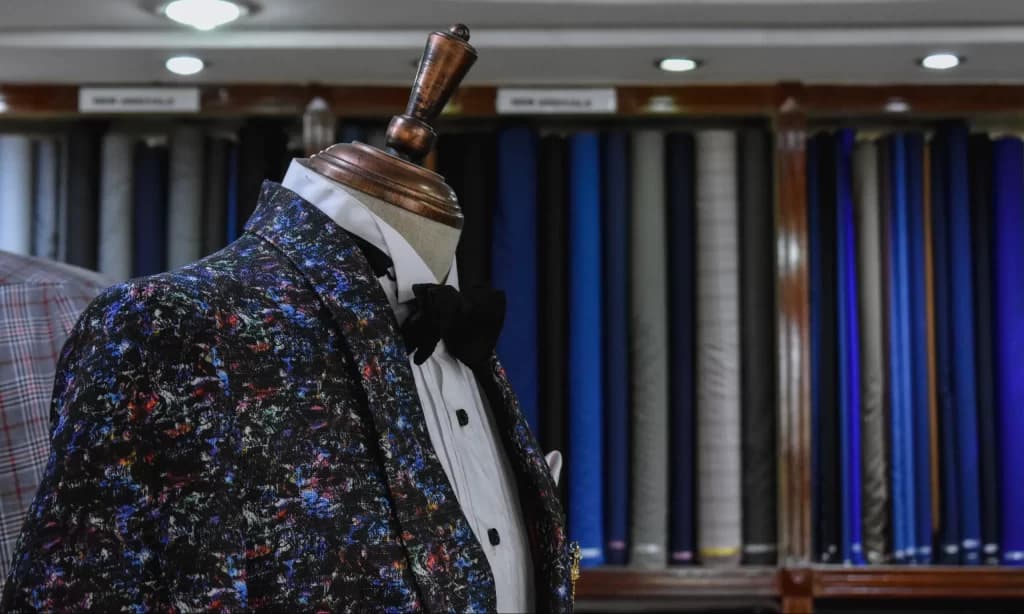 Patterned jacket in front of suiting bolts at Khimji's showroom, Dar es Salaam
